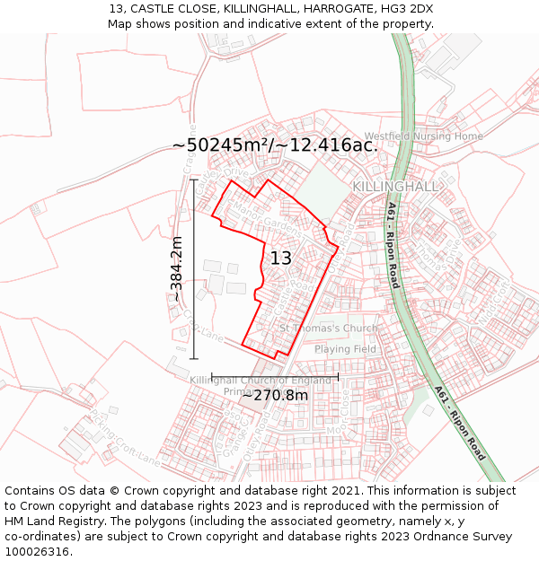13, CASTLE CLOSE, KILLINGHALL, HARROGATE, HG3 2DX: Plot and title map