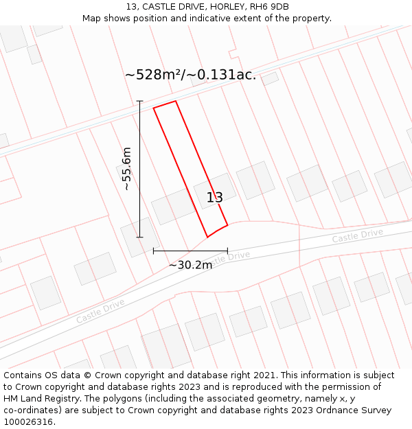 13, CASTLE DRIVE, HORLEY, RH6 9DB: Plot and title map