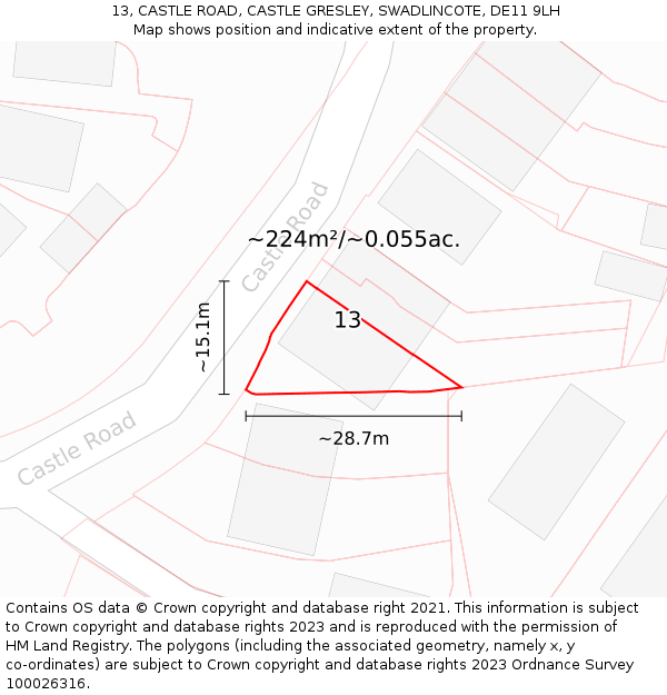 13, CASTLE ROAD, CASTLE GRESLEY, SWADLINCOTE, DE11 9LH: Plot and title map