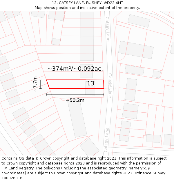 13, CATSEY LANE, BUSHEY, WD23 4HT: Plot and title map