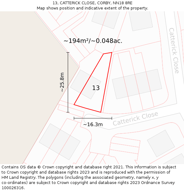 13, CATTERICK CLOSE, CORBY, NN18 8RE: Plot and title map