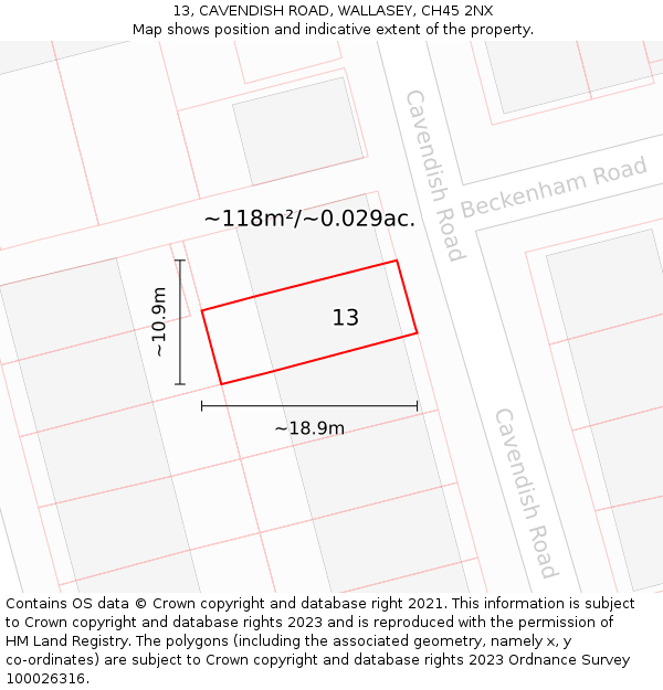 13, CAVENDISH ROAD, WALLASEY, CH45 2NX: Plot and title map
