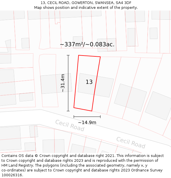 13, CECIL ROAD, GOWERTON, SWANSEA, SA4 3DF: Plot and title map