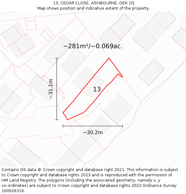 13, CEDAR CLOSE, ASHBOURNE, DE6 1FJ: Plot and title map
