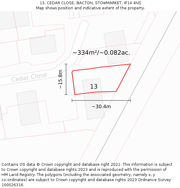 13, CEDAR CLOSE, BACTON, STOWMARKET, IP14 4NS: Plot and title map