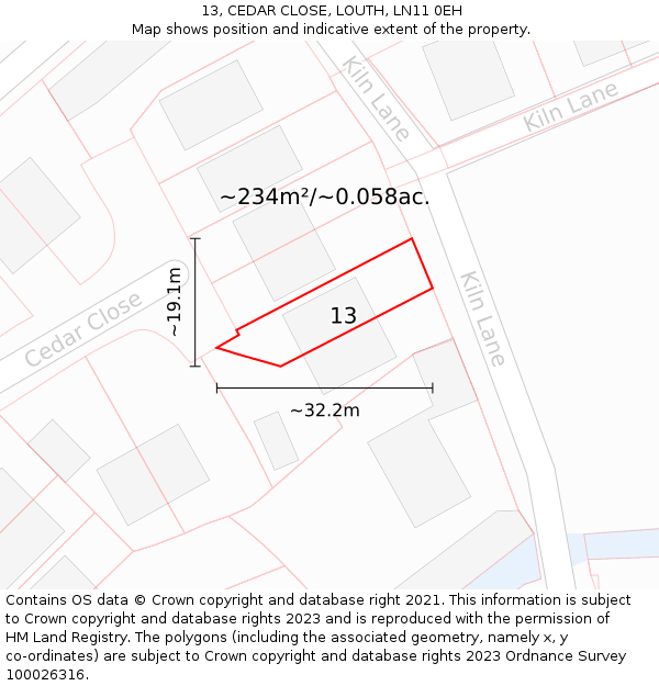 13, CEDAR CLOSE, LOUTH, LN11 0EH: Plot and title map