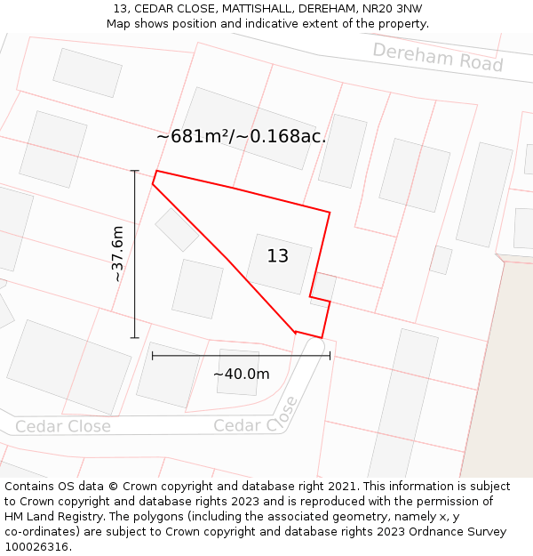 13, CEDAR CLOSE, MATTISHALL, DEREHAM, NR20 3NW: Plot and title map