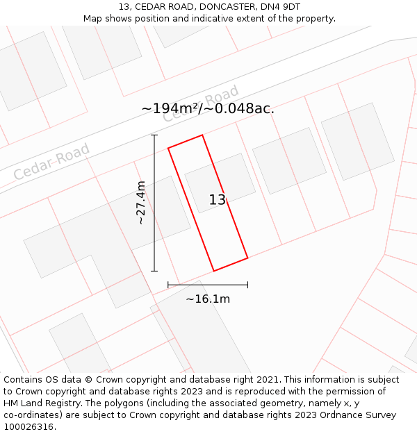 13, CEDAR ROAD, DONCASTER, DN4 9DT: Plot and title map