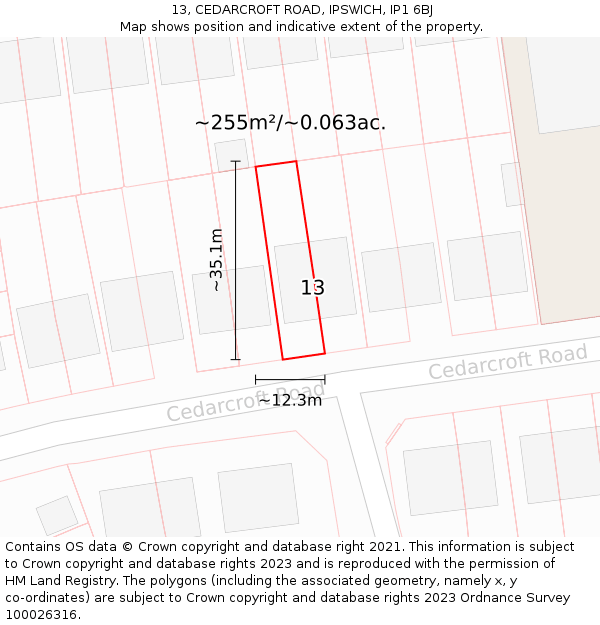 13, CEDARCROFT ROAD, IPSWICH, IP1 6BJ: Plot and title map