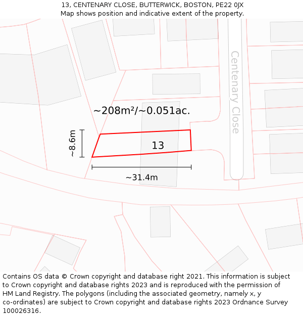 13, CENTENARY CLOSE, BUTTERWICK, BOSTON, PE22 0JX: Plot and title map