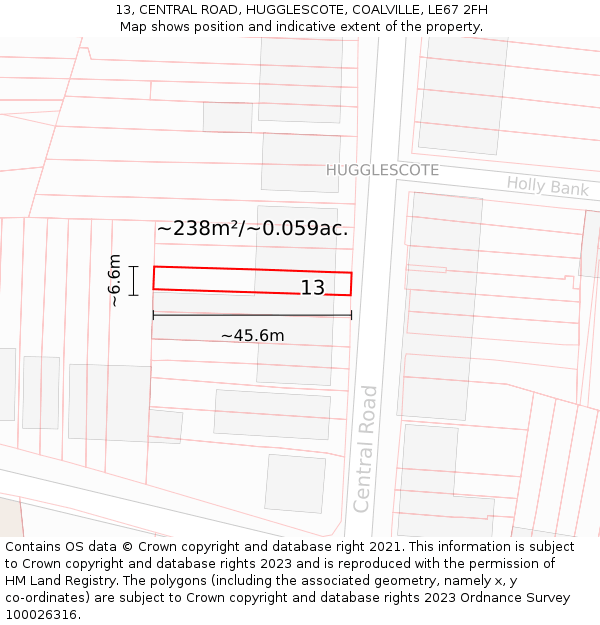 13, CENTRAL ROAD, HUGGLESCOTE, COALVILLE, LE67 2FH: Plot and title map