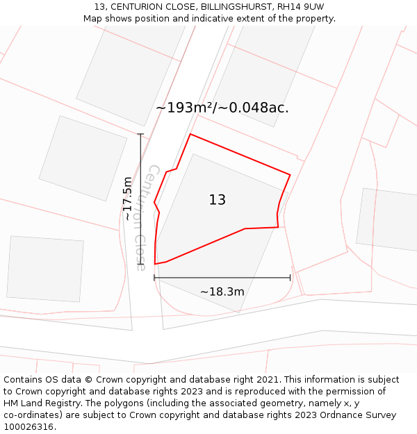 13, CENTURION CLOSE, BILLINGSHURST, RH14 9UW: Plot and title map
