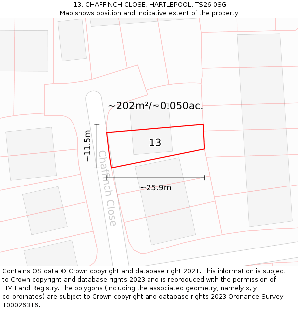 13, CHAFFINCH CLOSE, HARTLEPOOL, TS26 0SG: Plot and title map