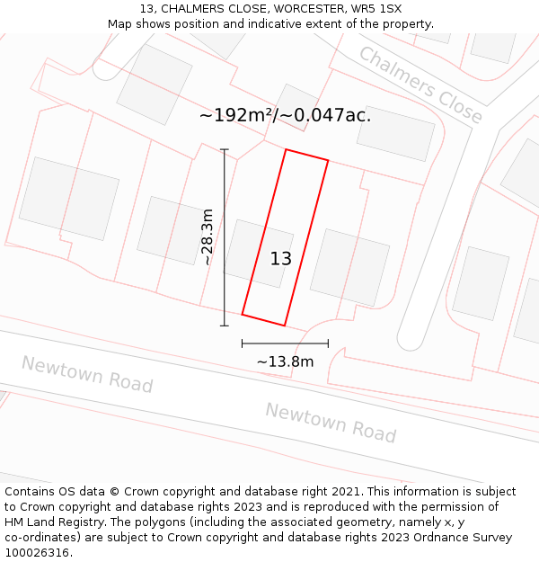 13, CHALMERS CLOSE, WORCESTER, WR5 1SX: Plot and title map