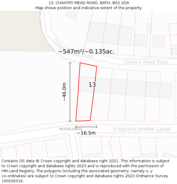 13, CHANTRY MEAD ROAD, BATH, BA2 2DA: Plot and title map