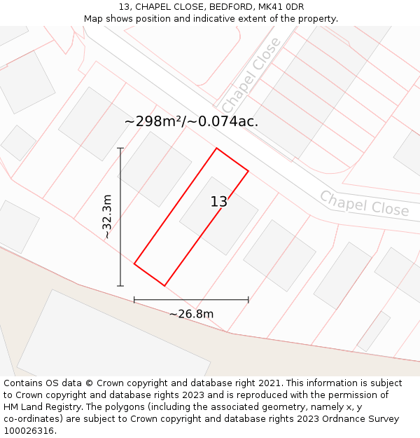 13, CHAPEL CLOSE, BEDFORD, MK41 0DR: Plot and title map