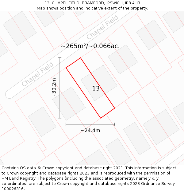 13, CHAPEL FIELD, BRAMFORD, IPSWICH, IP8 4HR: Plot and title map
