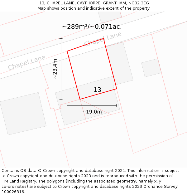 13, CHAPEL LANE, CAYTHORPE, GRANTHAM, NG32 3EG: Plot and title map