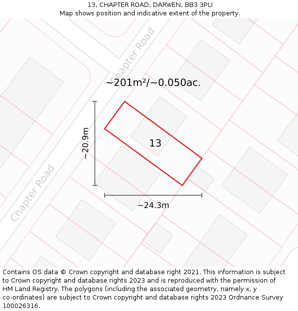 13, CHAPTER ROAD, DARWEN, BB3 3PU: Plot and title map
