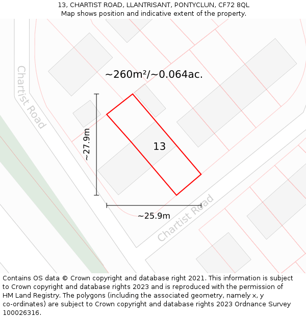 13, CHARTIST ROAD, LLANTRISANT, PONTYCLUN, CF72 8QL: Plot and title map