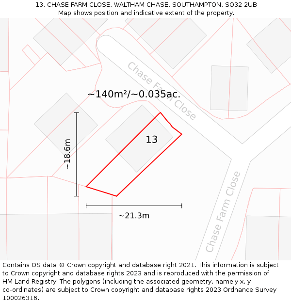 13, CHASE FARM CLOSE, WALTHAM CHASE, SOUTHAMPTON, SO32 2UB: Plot and title map