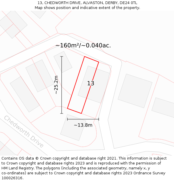 13, CHEDWORTH DRIVE, ALVASTON, DERBY, DE24 0TL: Plot and title map