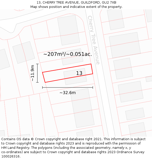 13, CHERRY TREE AVENUE, GUILDFORD, GU2 7XB: Plot and title map