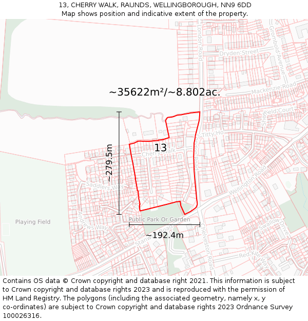 13, CHERRY WALK, RAUNDS, WELLINGBOROUGH, NN9 6DD: Plot and title map