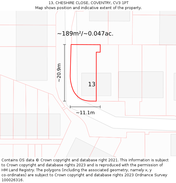 13, CHESHIRE CLOSE, COVENTRY, CV3 1PT: Plot and title map