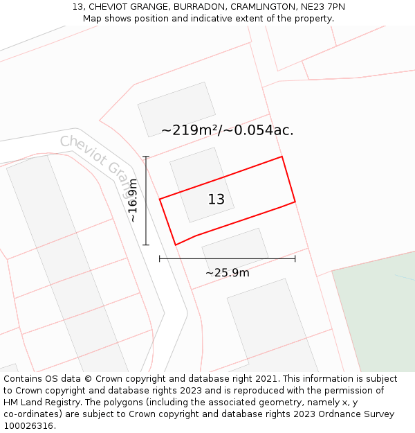 13, CHEVIOT GRANGE, BURRADON, CRAMLINGTON, NE23 7PN: Plot and title map