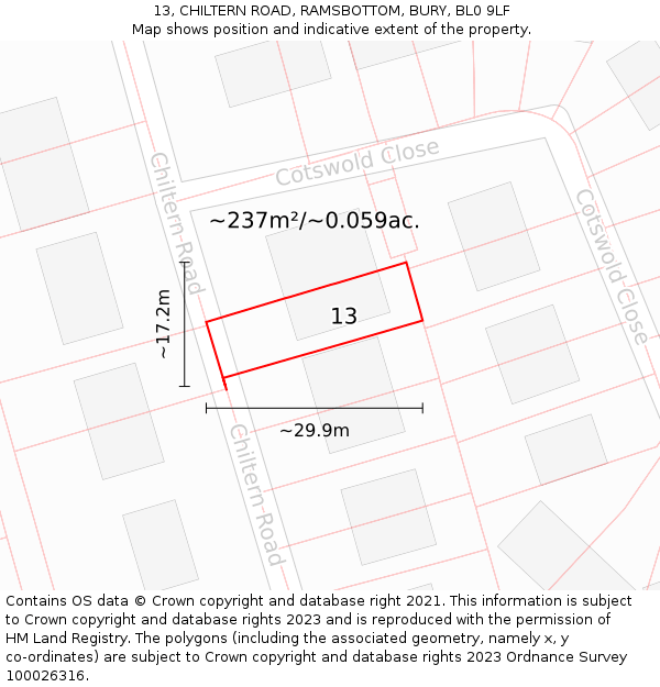 13, CHILTERN ROAD, RAMSBOTTOM, BURY, BL0 9LF: Plot and title map