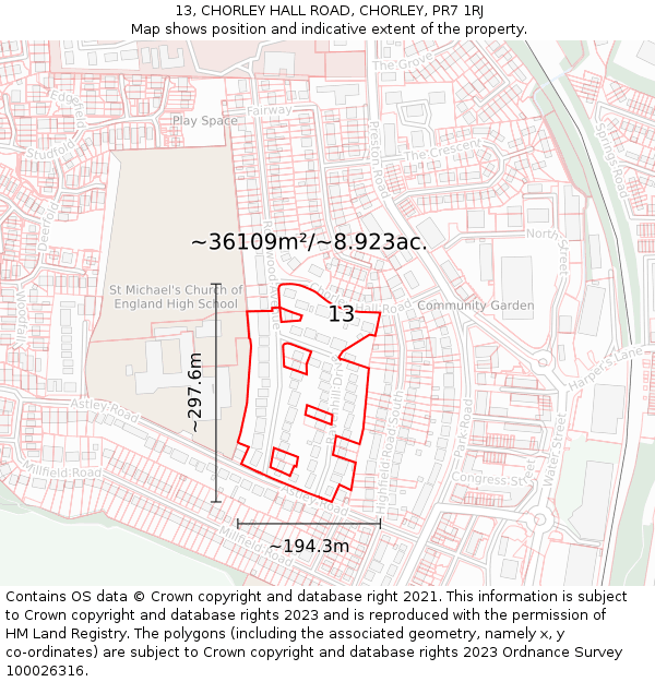 13, CHORLEY HALL ROAD, CHORLEY, PR7 1RJ: Plot and title map