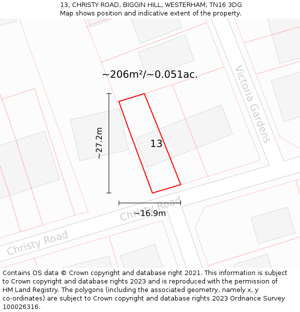 13, CHRISTY ROAD, BIGGIN HILL, WESTERHAM, TN16 3DG: Plot and title map