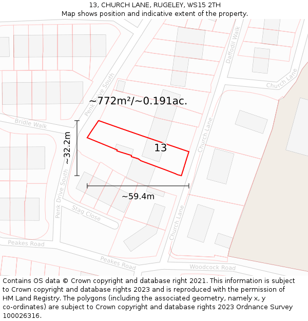 13, CHURCH LANE, RUGELEY, WS15 2TH: Plot and title map