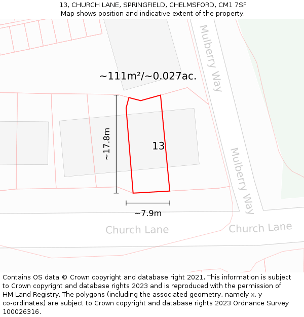 13, CHURCH LANE, SPRINGFIELD, CHELMSFORD, CM1 7SF: Plot and title map