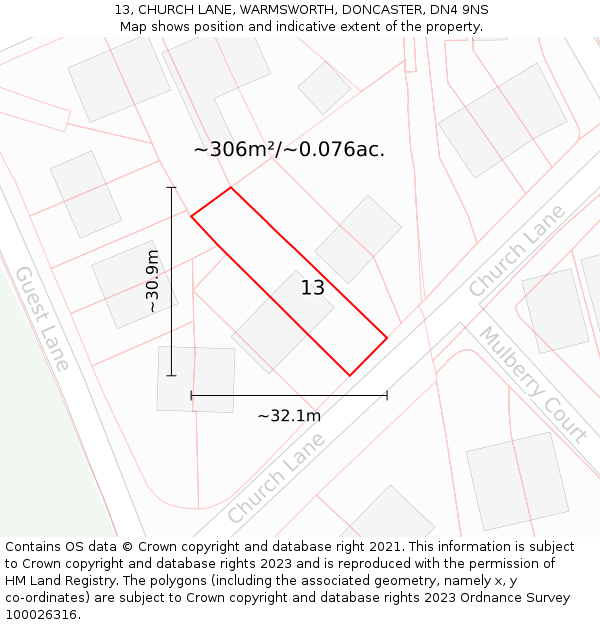 13, CHURCH LANE, WARMSWORTH, DONCASTER, DN4 9NS: Plot and title map