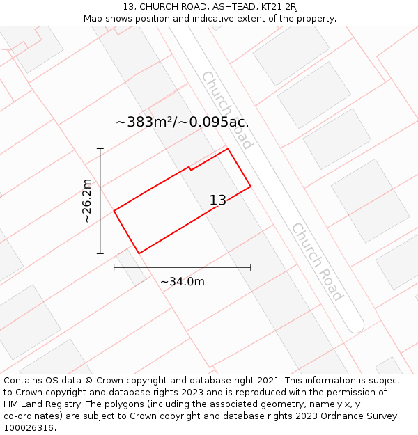 13, CHURCH ROAD, ASHTEAD, KT21 2RJ: Plot and title map