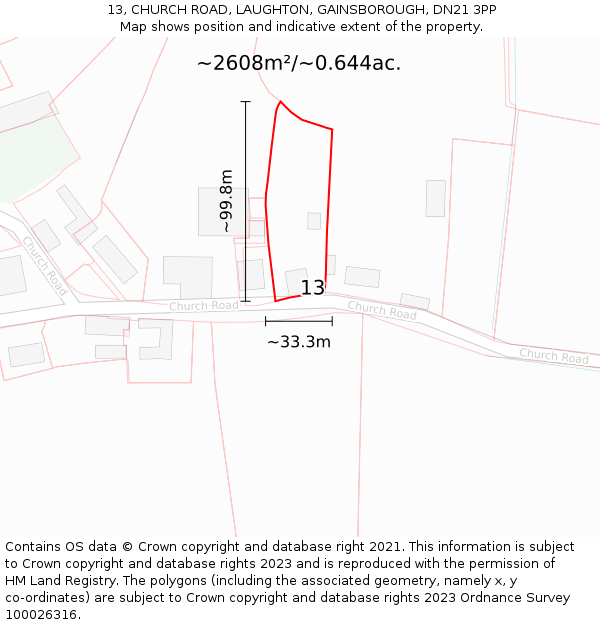 13, CHURCH ROAD, LAUGHTON, GAINSBOROUGH, DN21 3PP: Plot and title map