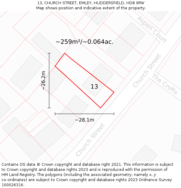 13, CHURCH STREET, EMLEY, HUDDERSFIELD, HD8 9RW: Plot and title map