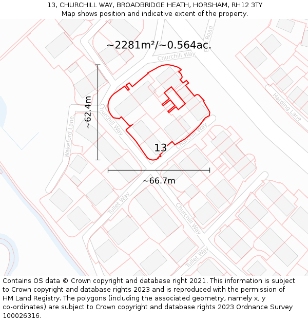 13, CHURCHILL WAY, BROADBRIDGE HEATH, HORSHAM, RH12 3TY: Plot and title map