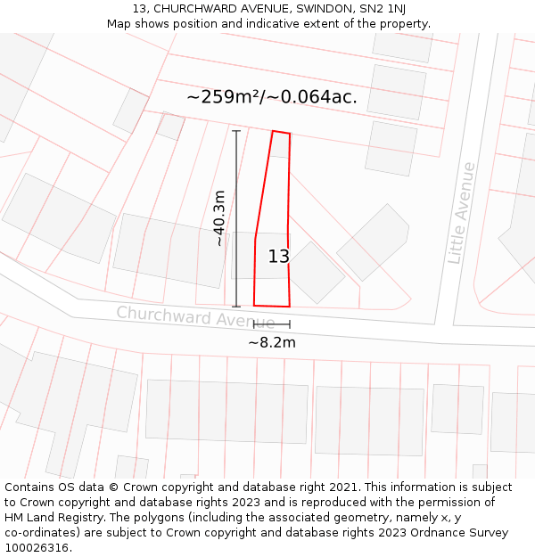 13, CHURCHWARD AVENUE, SWINDON, SN2 1NJ: Plot and title map