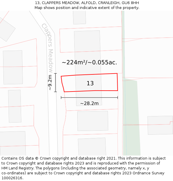 13, CLAPPERS MEADOW, ALFOLD, CRANLEIGH, GU6 8HH: Plot and title map