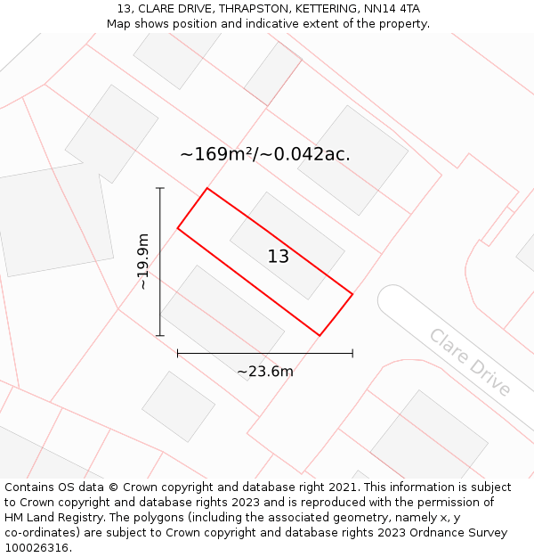 13, CLARE DRIVE, THRAPSTON, KETTERING, NN14 4TA: Plot and title map