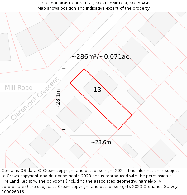 13, CLAREMONT CRESCENT, SOUTHAMPTON, SO15 4GR: Plot and title map