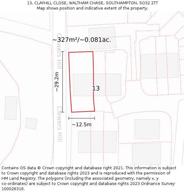 13, CLAYHILL CLOSE, WALTHAM CHASE, SOUTHAMPTON, SO32 2TT: Plot and title map
