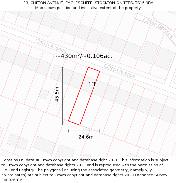 13, CLIFTON AVENUE, EAGLESCLIFFE, STOCKTON-ON-TEES, TS16 9BA: Plot and title map