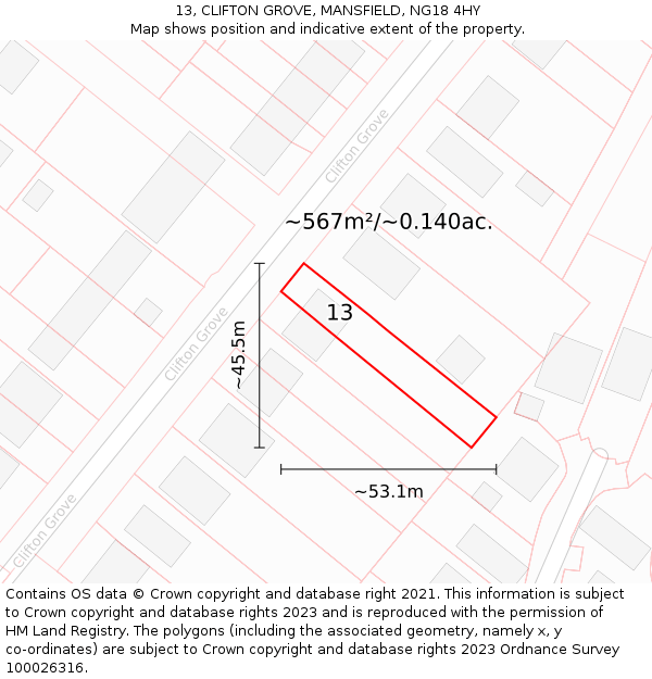 13, CLIFTON GROVE, MANSFIELD, NG18 4HY: Plot and title map