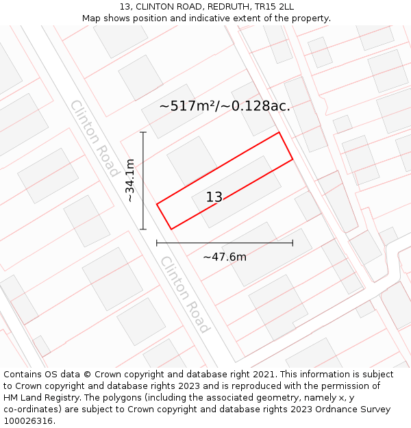 13, CLINTON ROAD, REDRUTH, TR15 2LL: Plot and title map