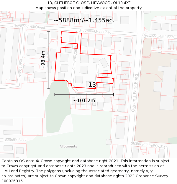 13, CLITHEROE CLOSE, HEYWOOD, OL10 4XF: Plot and title map