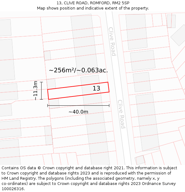 13, CLIVE ROAD, ROMFORD, RM2 5SP: Plot and title map